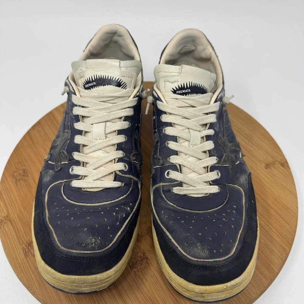 Premiata Clay 6907 Navy Leather Distressed Sneakers Mens Sz 45/12 Low Top Shoes